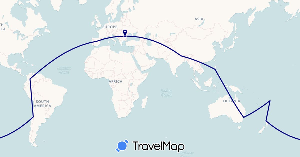 TravelMap itinerary: driving in Australia, Chile, Colombia, Spain, Fiji, Nepal, New Zealand, Philippines, Romania (Asia, Europe, Oceania, South America)